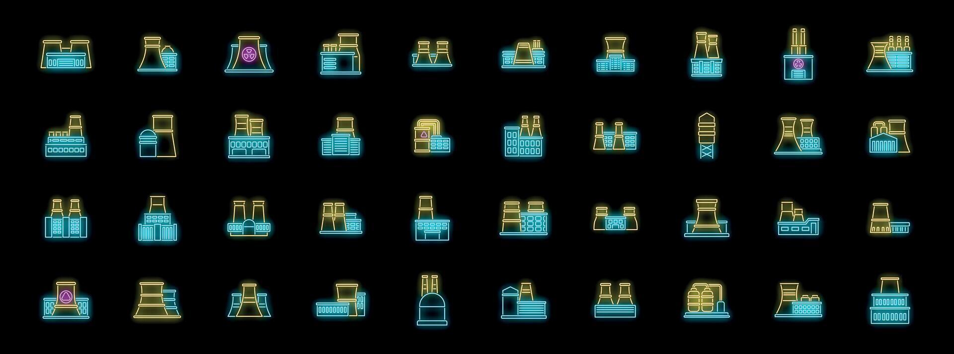 Neon power plants icons generating energy for future vector
