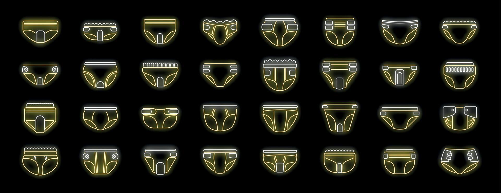 Neon diapers icons glowing in yellow and white on black background vector