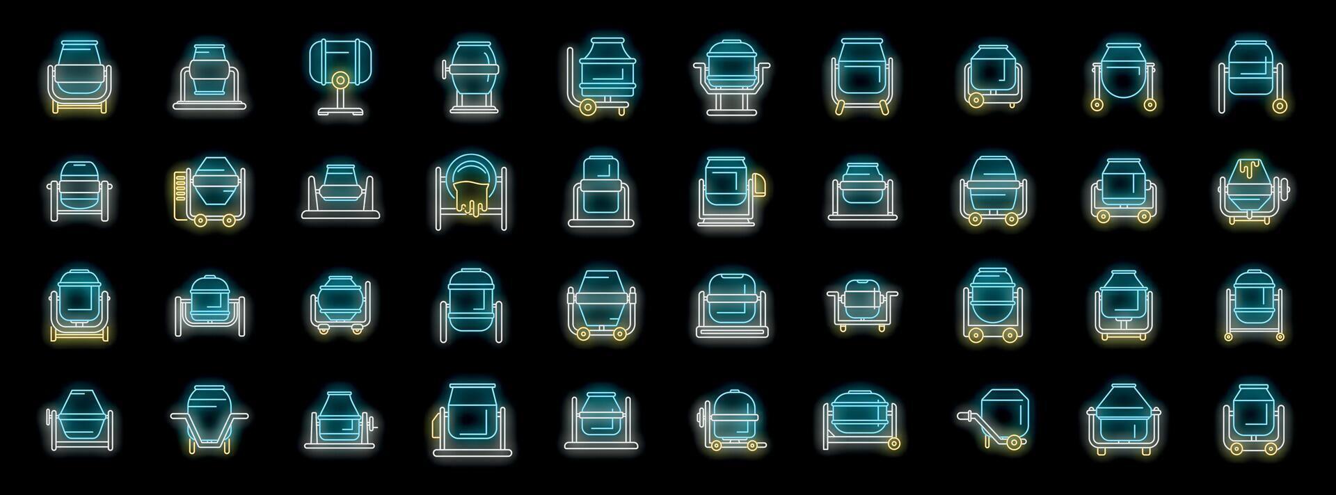 Concrete mixer icons set, cement mix machine glowing neon style vector