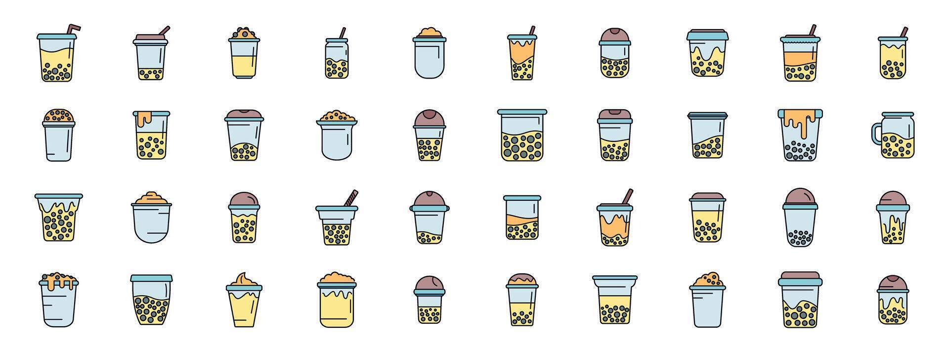 Bubble tea icons showing variety of flavors and toppings in disposable cups vector