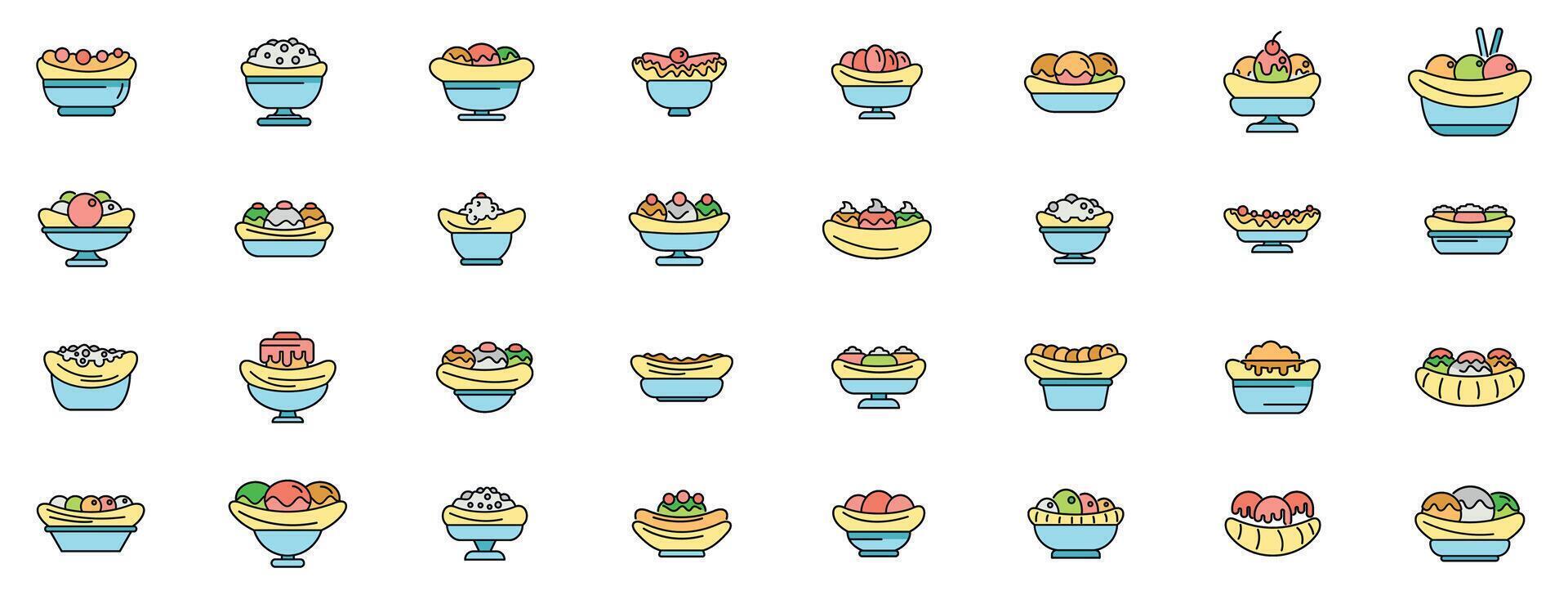 Banana split icons showing various toppings and presentations, celebrating this classic dessert vector