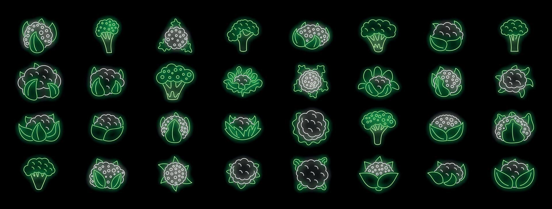 Green neon cauliflower and broccoli icons glowing on black background vector