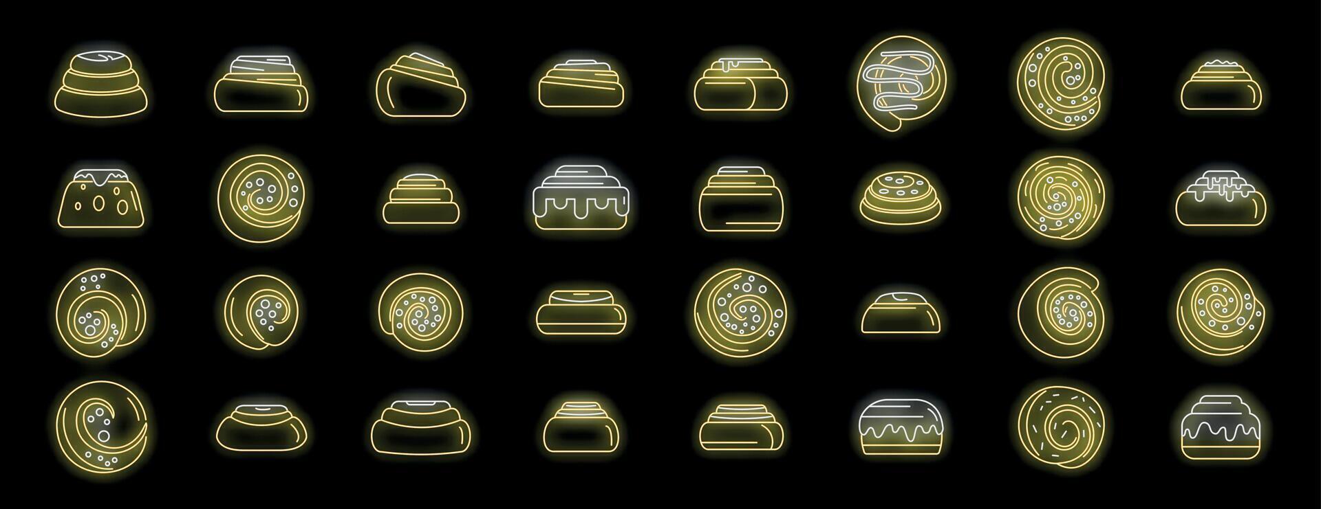 Cinnamon roll icons set, baking pastry with icing and raisins, bakery products in neon style vector