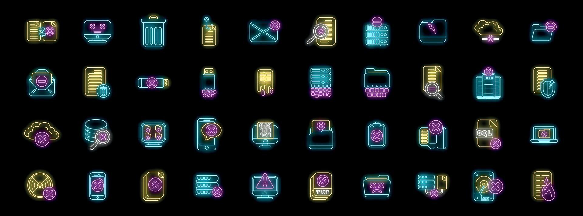 Deleted files and data loss prevention neon icon set, protecting digital information in style vector