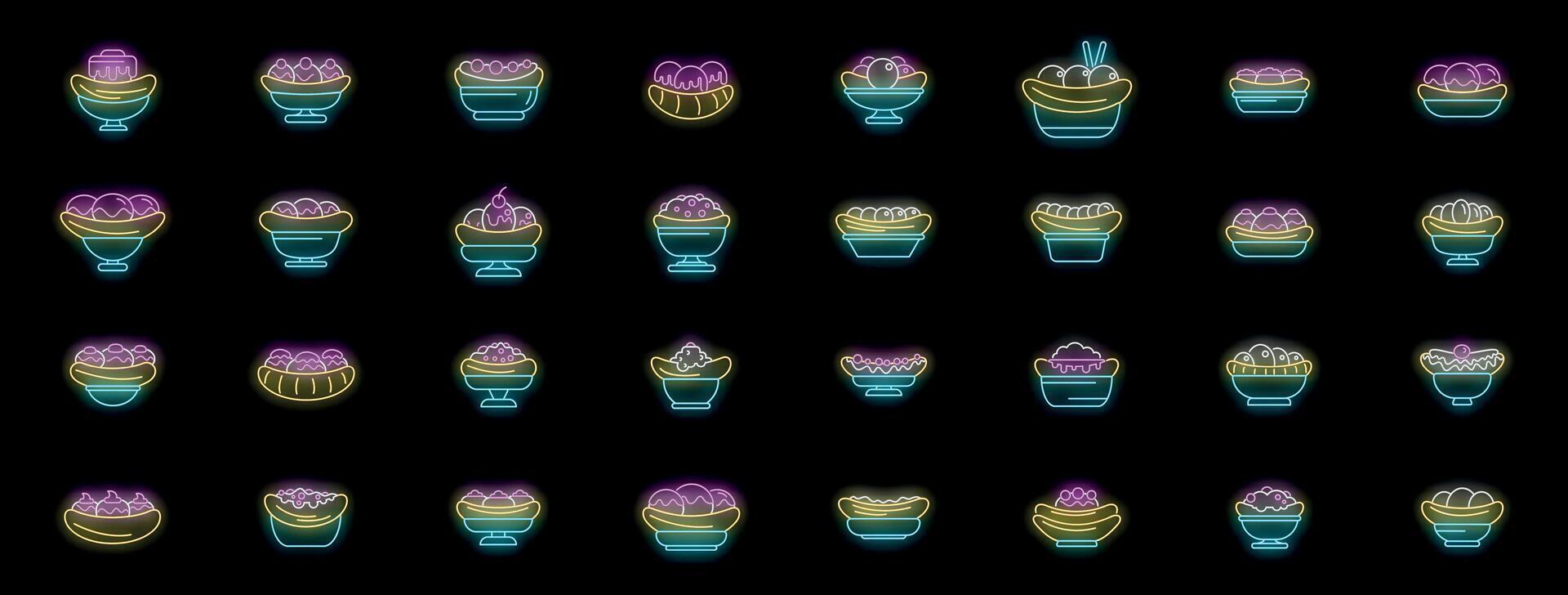 Neon banana split icons showing ice cream dessert with fruit and chocolate vector