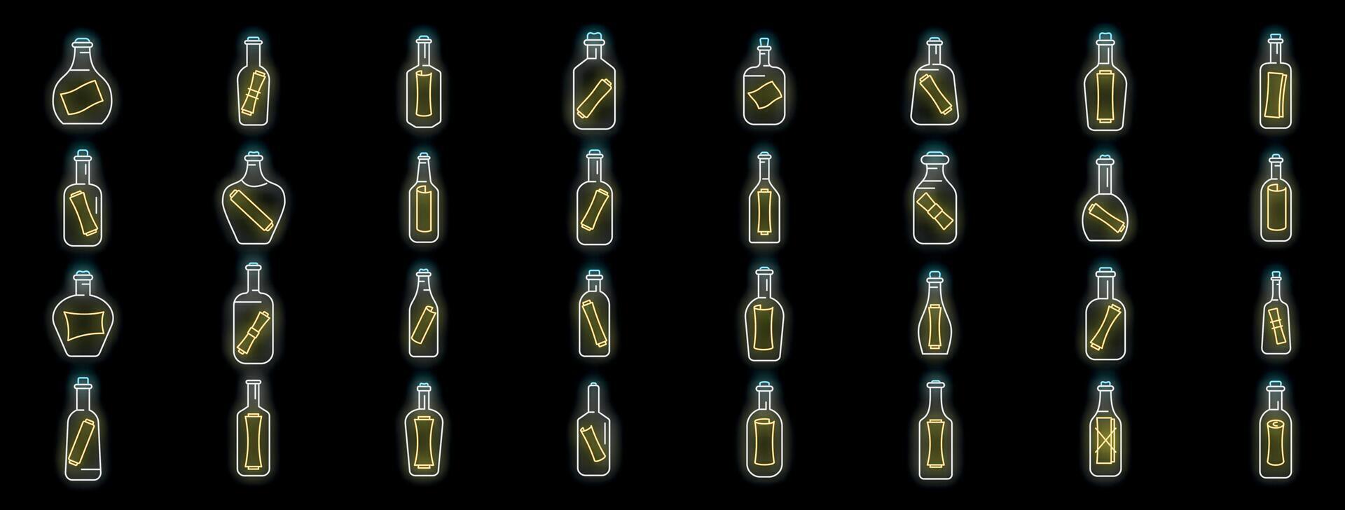 Neon icons of message in a bottle representing communication and mystery vector
