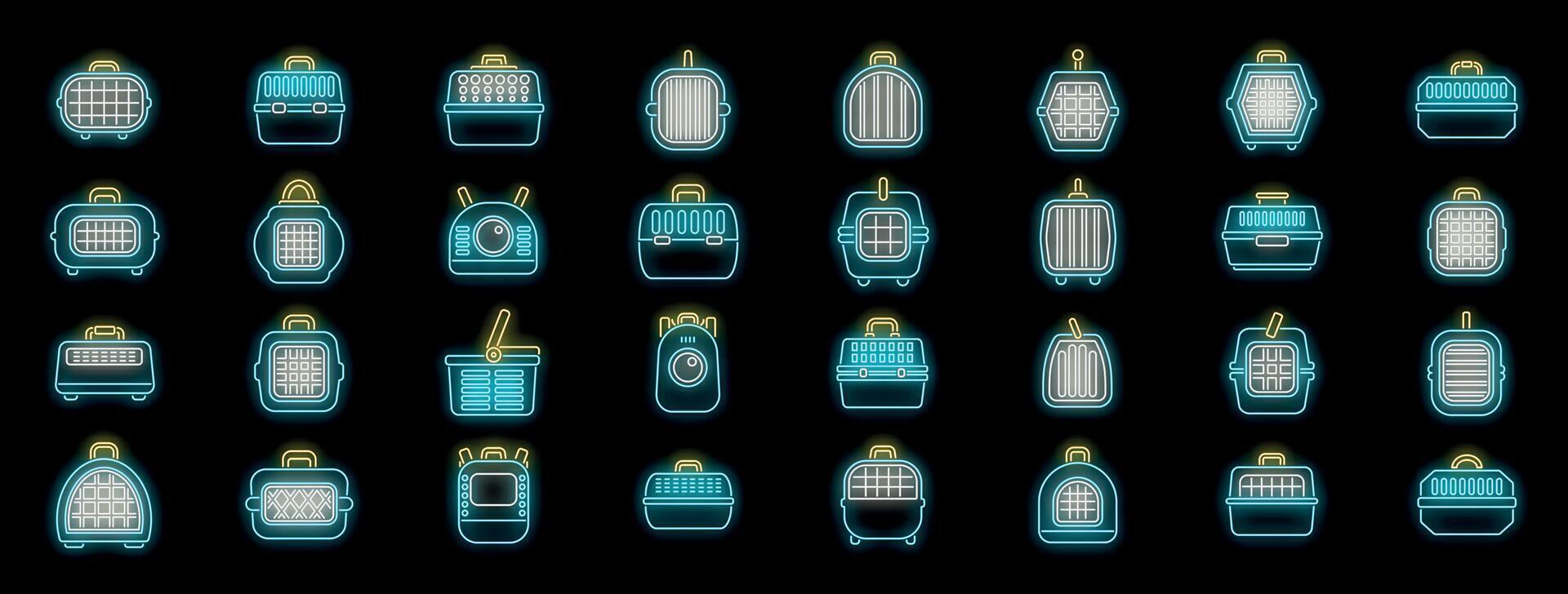 Pet carrier neon icon set showing kennels, crates, and baskets for transporting animals vector