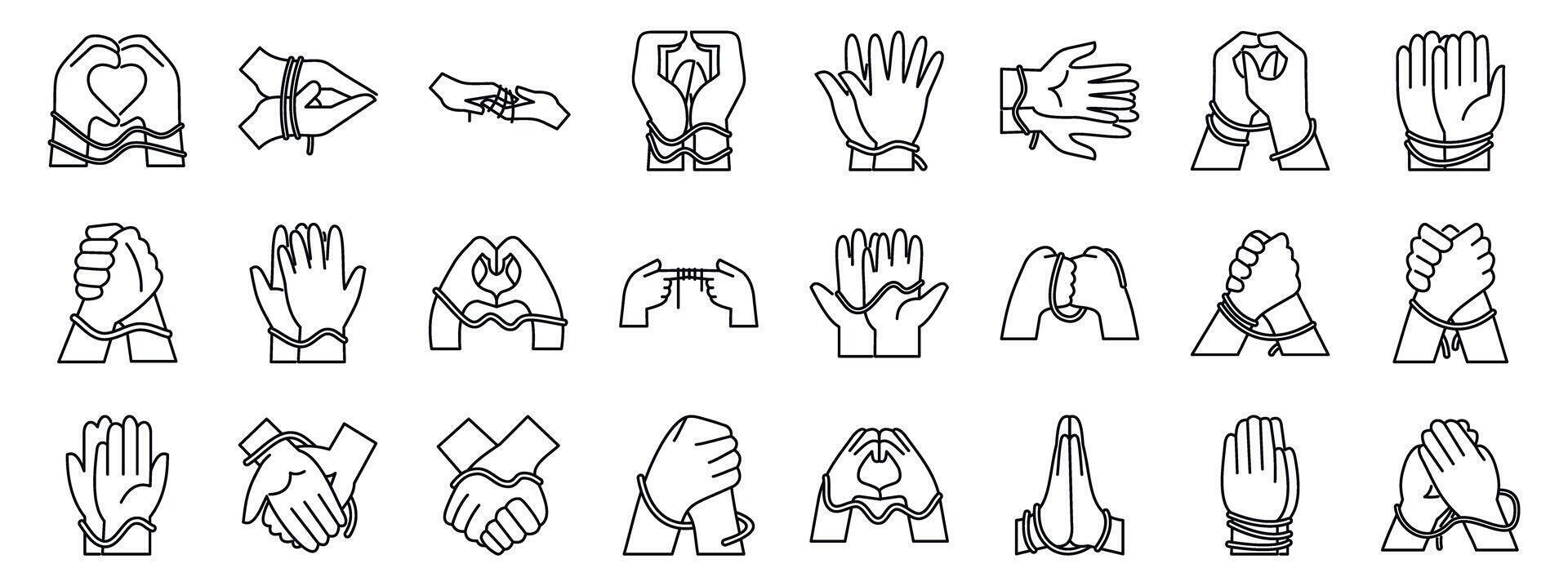 Hands tied red thread icons set. Tied hands showing different concepts such as agreement, cooperation, and imprisonment vector