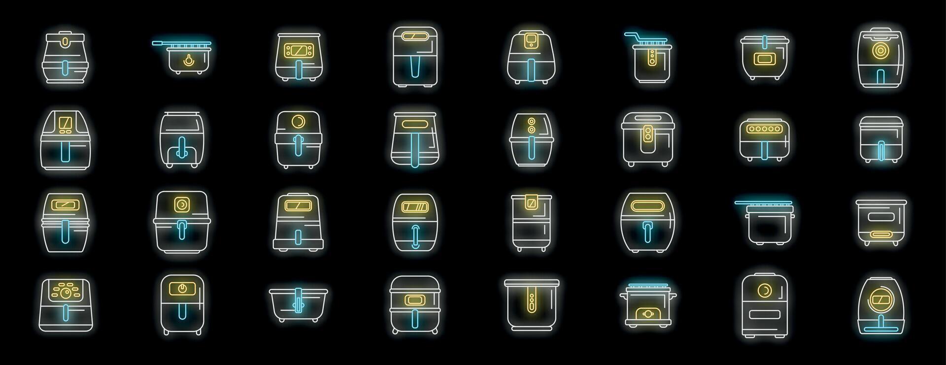 Neon icons of deep fryers representing modern cooking appliances vector