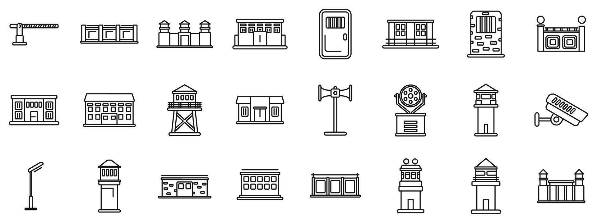 Prison building icons set. Penitentiary buildings, security systems, and perimeter protection icons depicting prison life and safety measures vector