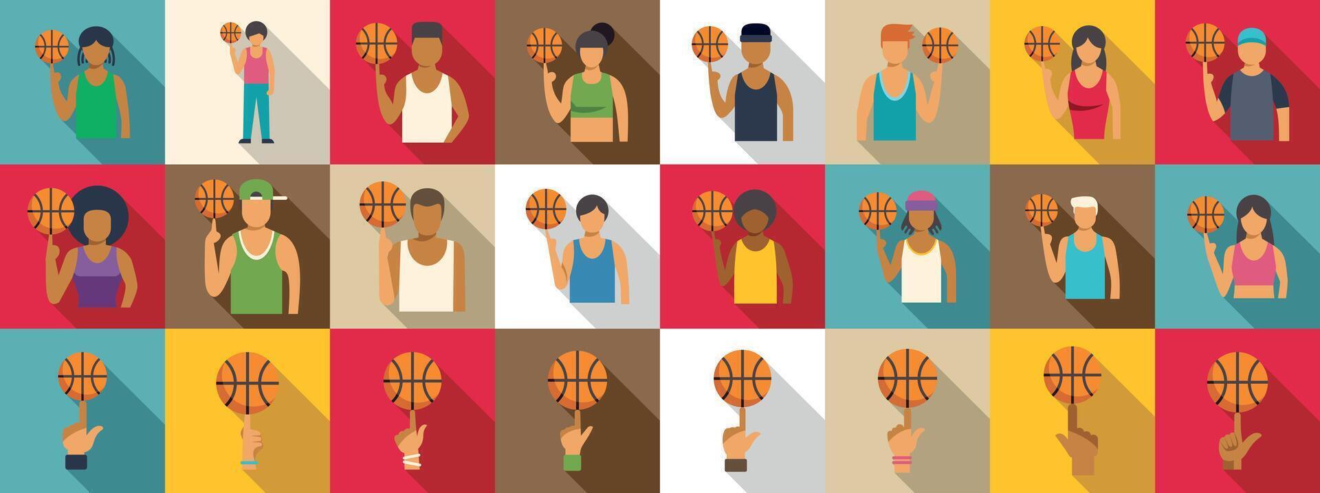 Spinning ball finger icons set. Basketball players spinning ball on fingertip, diverse people enjoying basketball sport vector