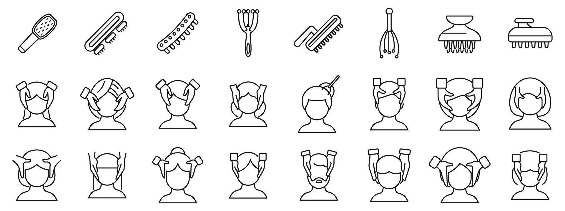 Head massage icons set. Hairdressers giving scalp massages to clients with various tools vector