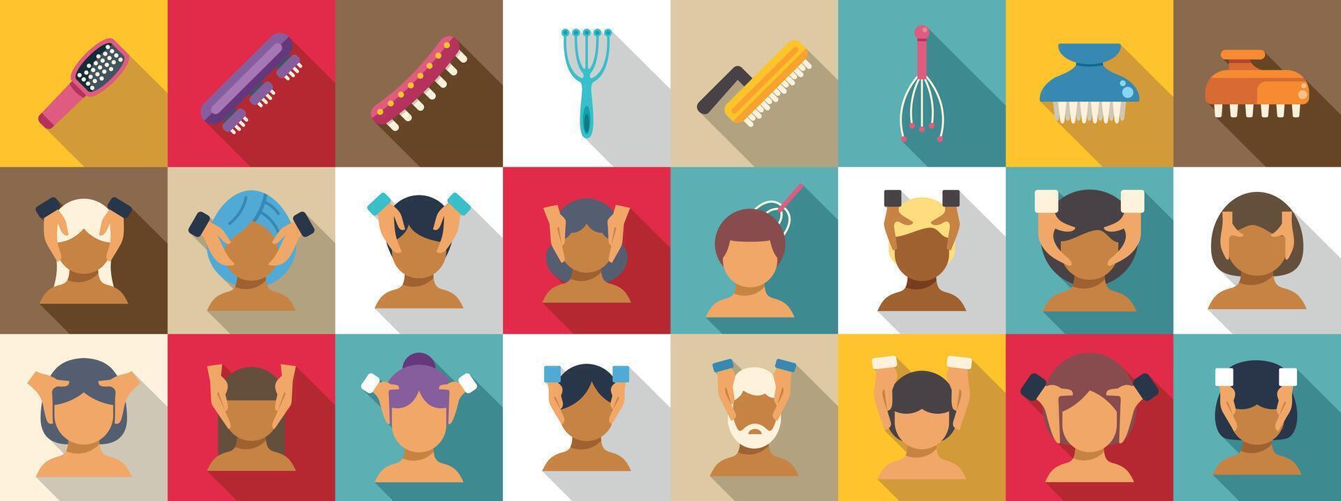 Head massage icons set. Hairdresser giving scalp massage to clients with various tools and techniques vector