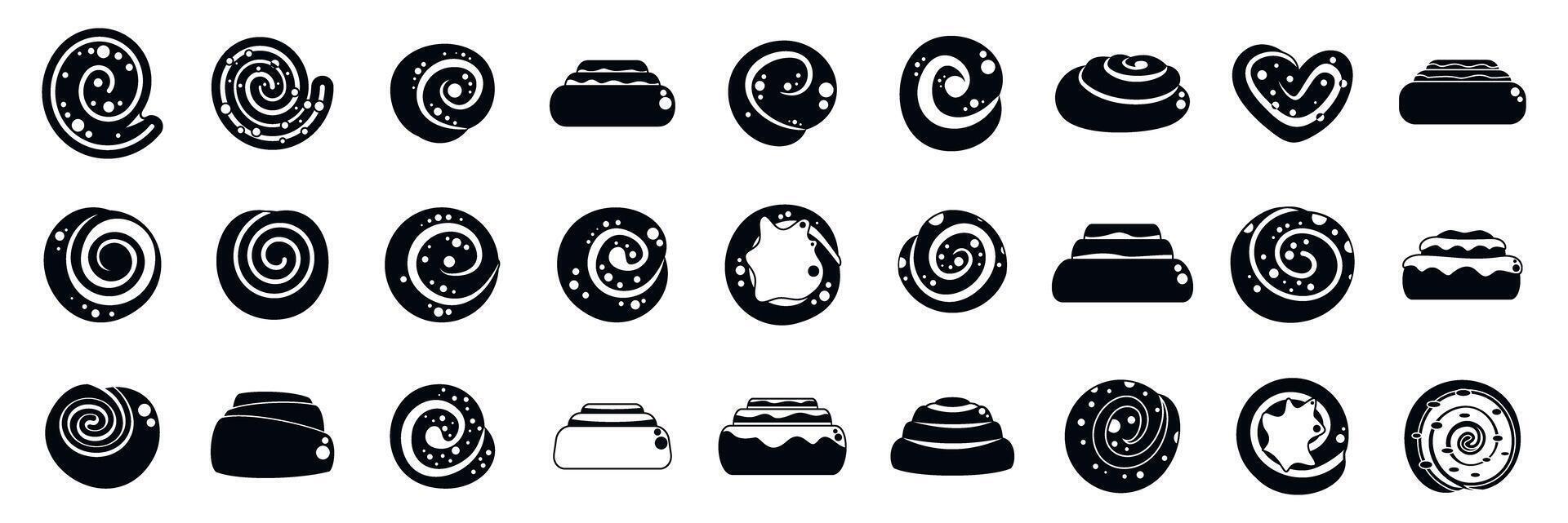 Cinnamon bun icons set. Cinnamon roll icons showing various shapes and toppings, creating a delicious visual vector