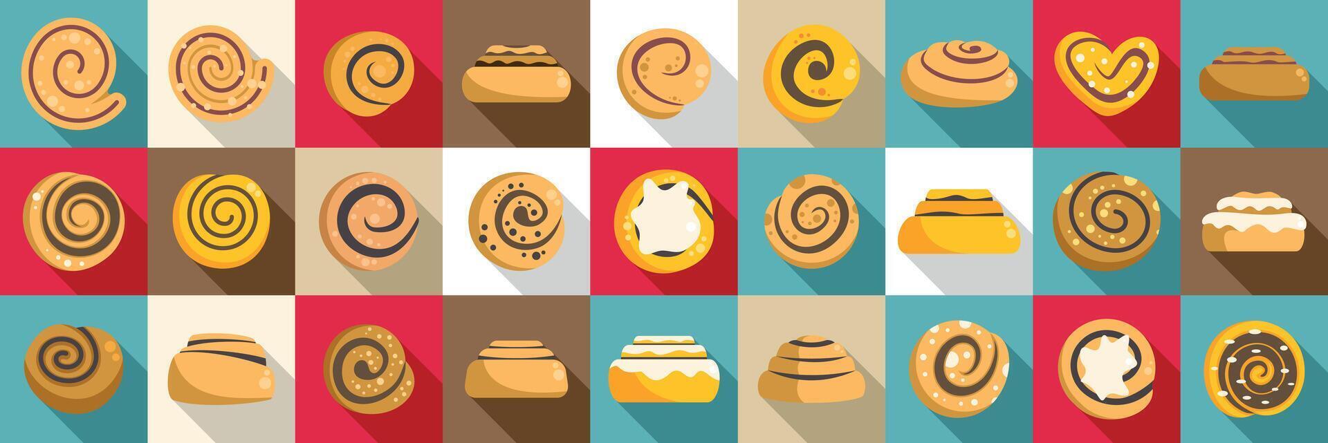 Cinnamon bun icons set. Cinnamon rolls icons showing swirls of sweet dough being baked vector