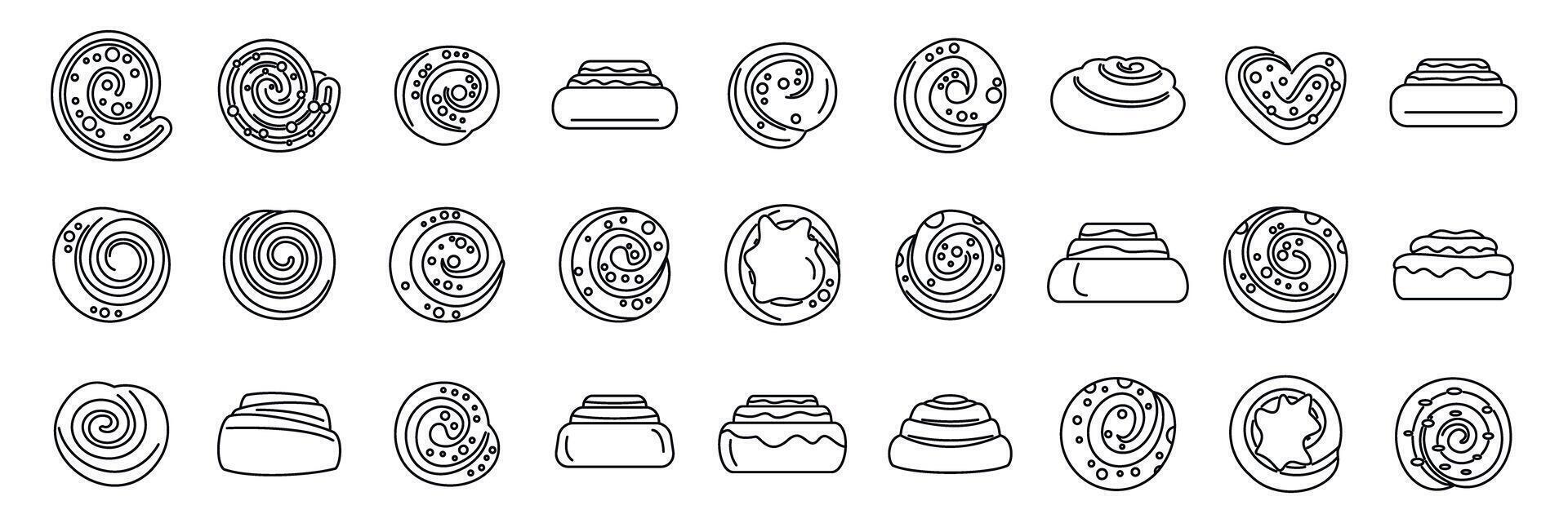 Cinnamon bun icons set. Cinnamon roll icons showing swirls of sweet dough and icing vector