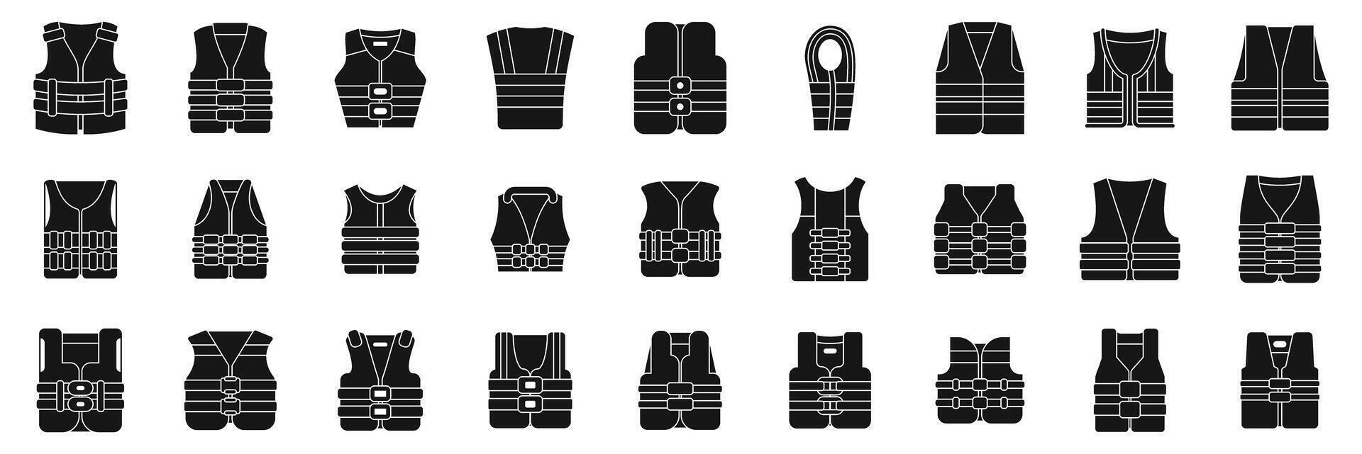 Safety vest icons set. Life vest icons showing different types of personal flotation devices for water safety vector