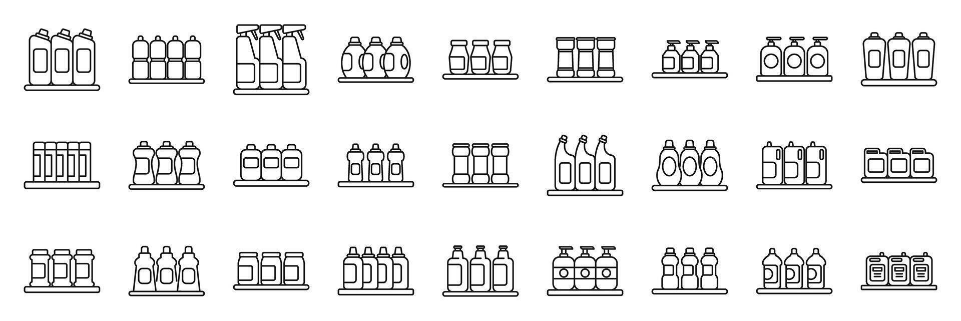 Shelves household chemicals icons set. Cleaning products shelf icons showing detergents, soaps, and disinfectants for maintaining hygiene vector