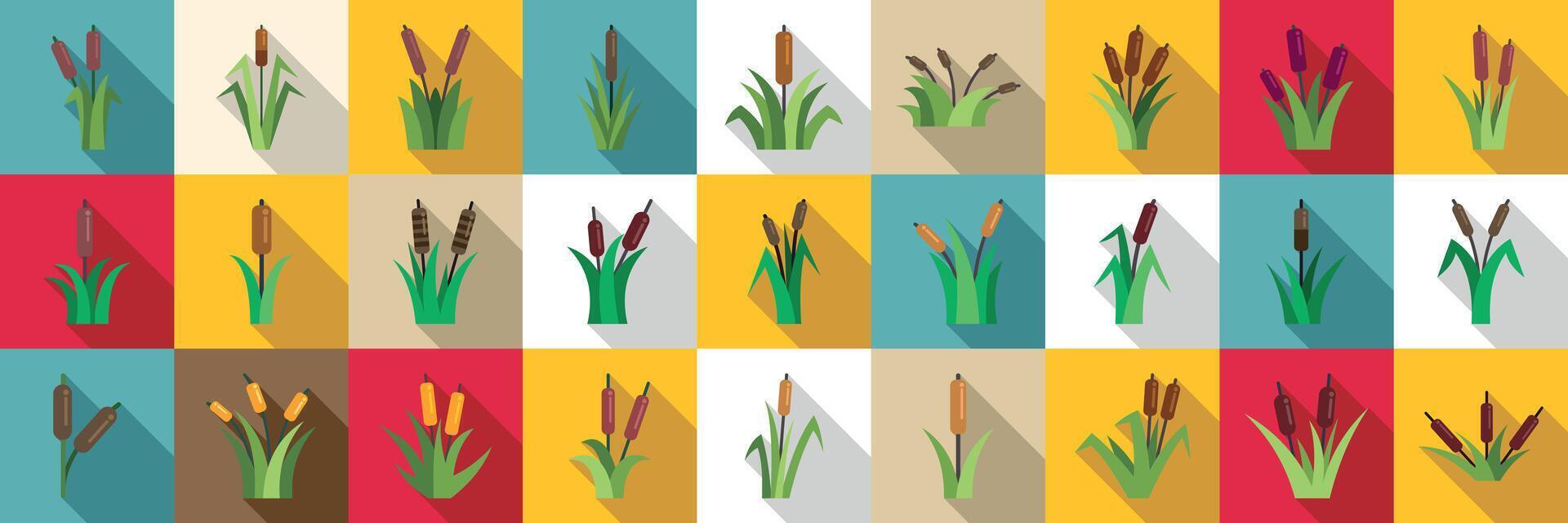 Grass reed icons set. Reed mace icons set showing aquatic grass growing in wetlands vector