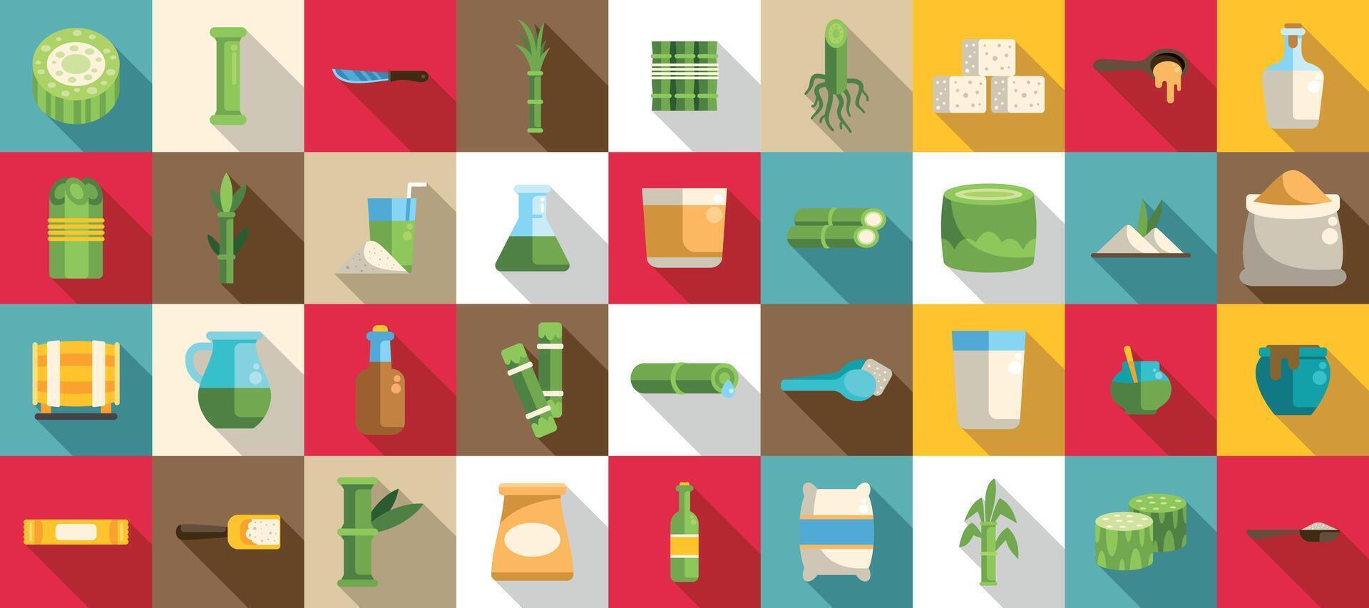 Sugarcane icons set. Sugarcane processing and production showing plant, rum and cubes vector