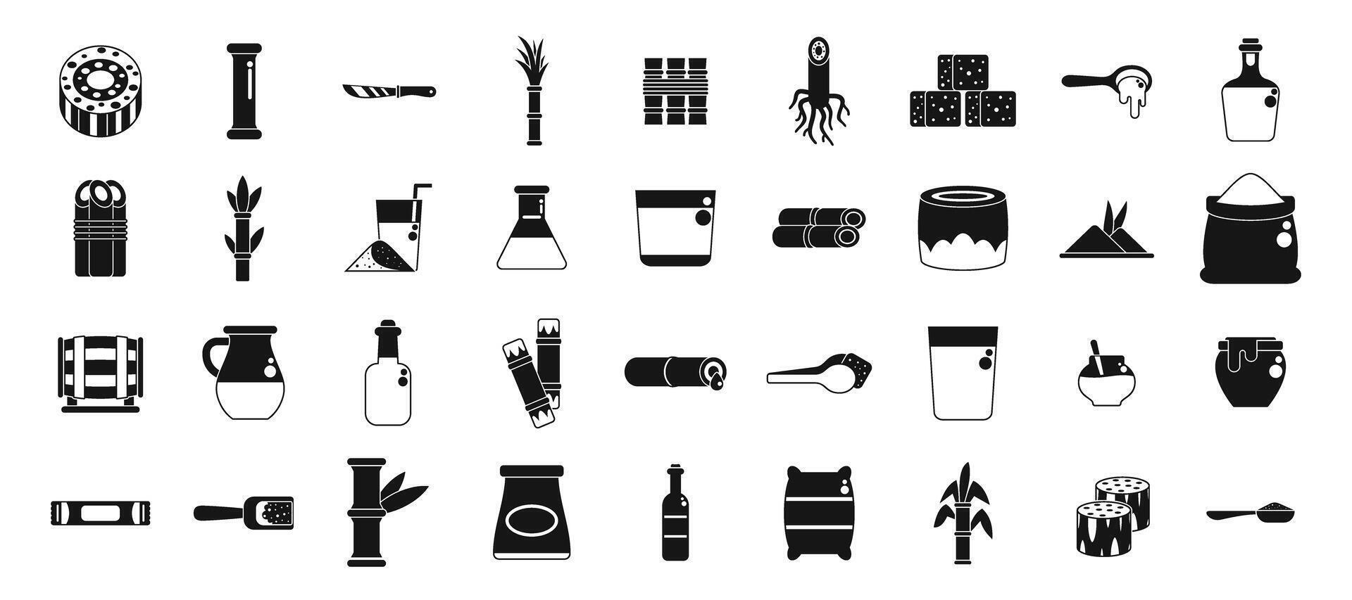 Sugarcane icons set. Sugar cane processing and production showing refining, packaging, and end products vector