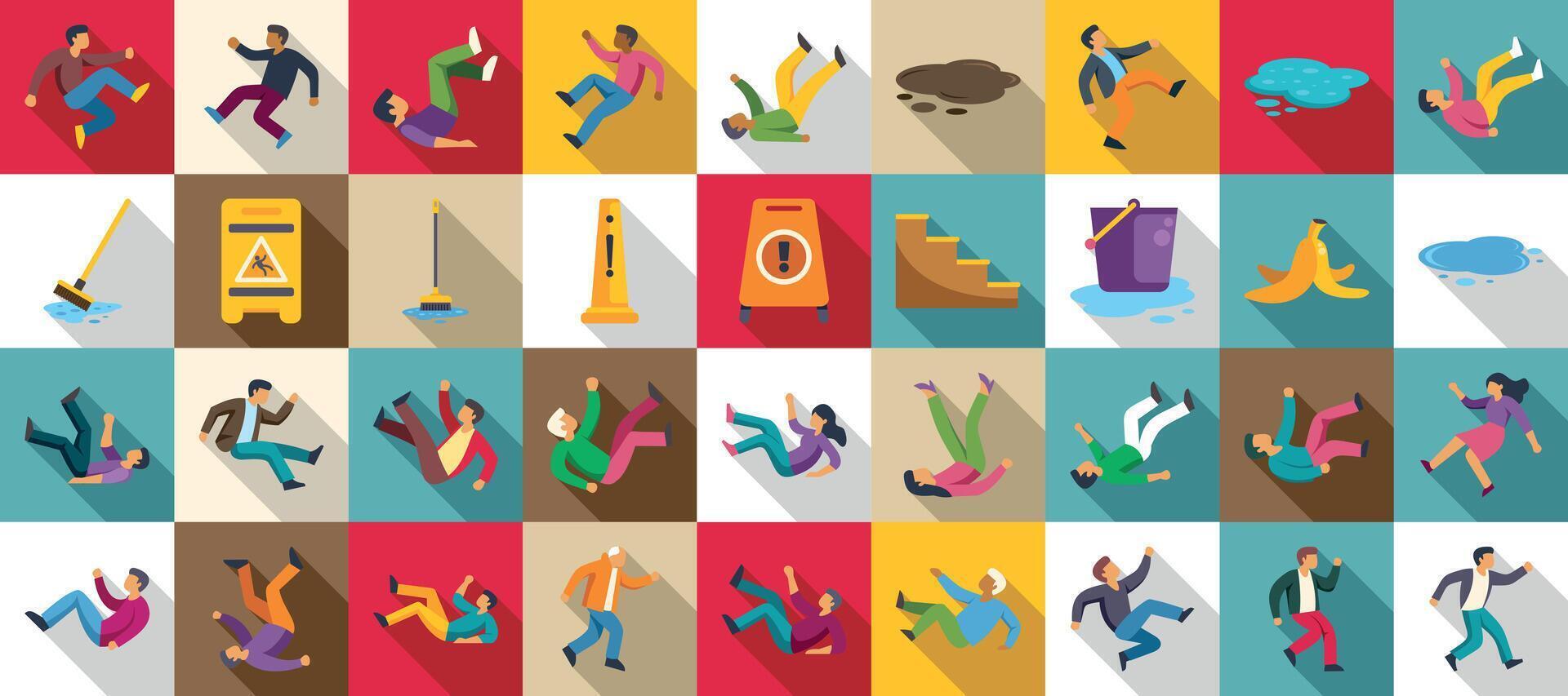 Slip people icons set. People slipping and falling on wet floor, spilled water, banana peel, and stairs vector