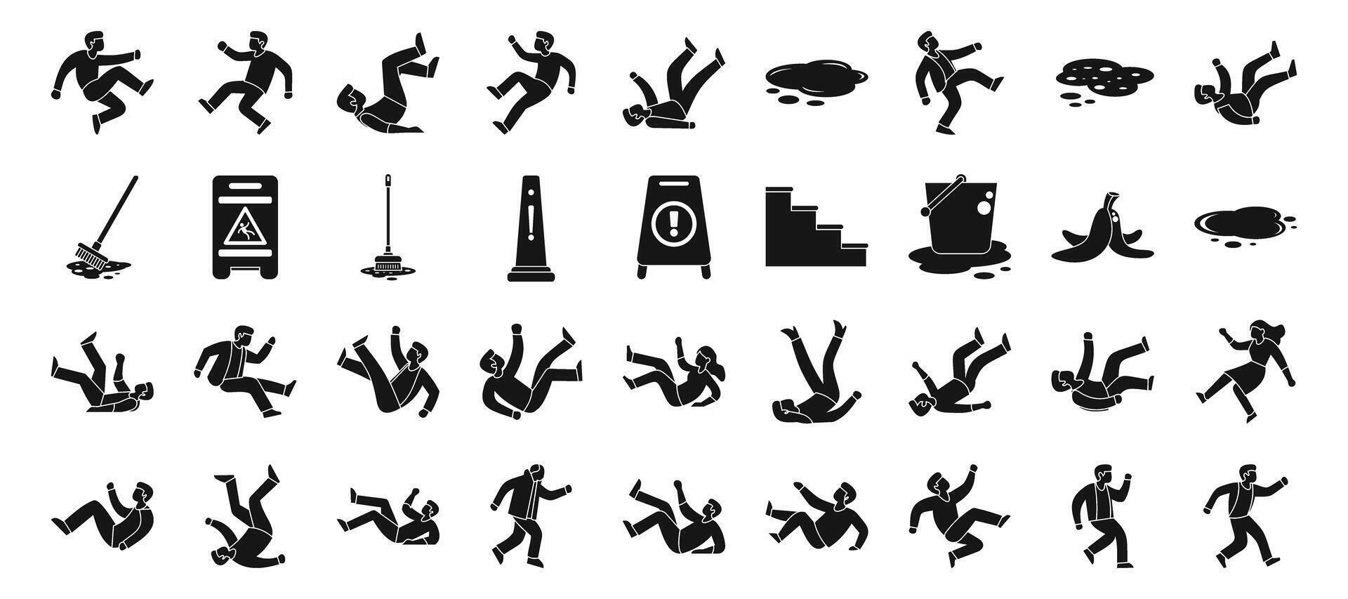 Slip people icons set. People falling down on wet floor, caution and warning signs, cleaning mop and bucket icons set vector