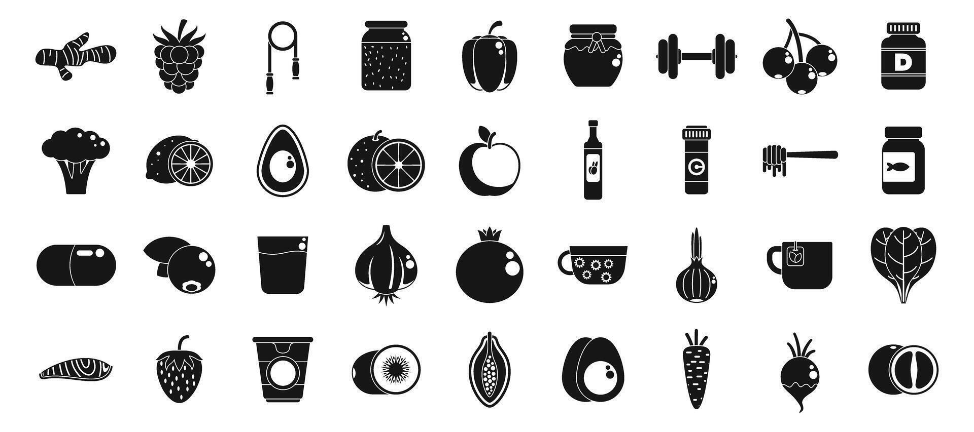 Boost immune icons set. Healthy lifestyle promoting physical activity and nutritious food choices vector