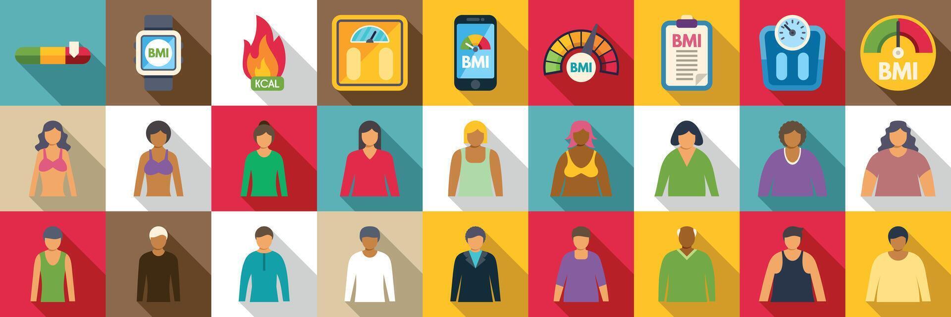 BMI icons set. People measuring body mass index with smart watch, scale and chart vector