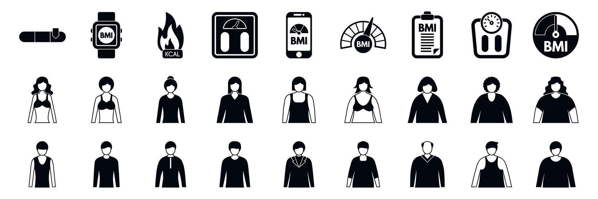 BMI icons set. People measuring body mass index with smart watch, scale and smartphone app vector