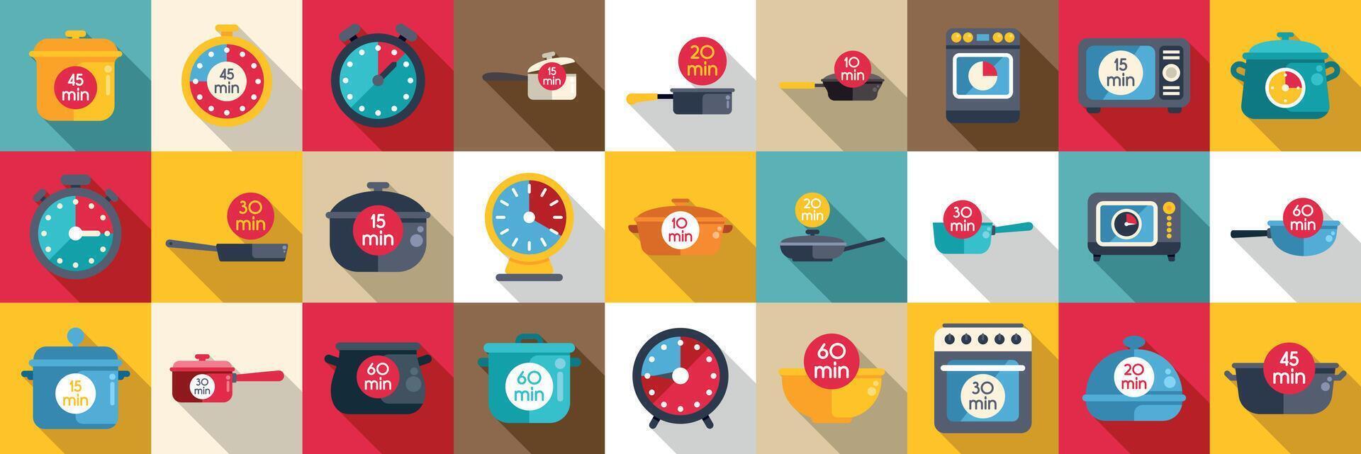 Cook time icons set. Cooking time icons showing kitchen timers and different cooking methods with minutes displayed vector