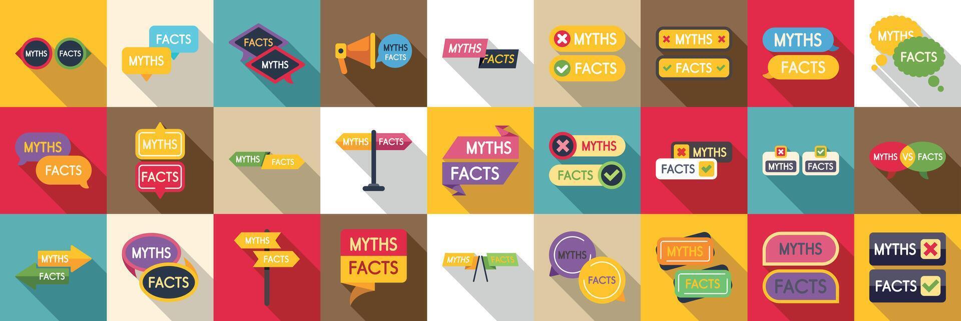 Myths facts icons set. Comparing myths and facts in colorful graphics vector
