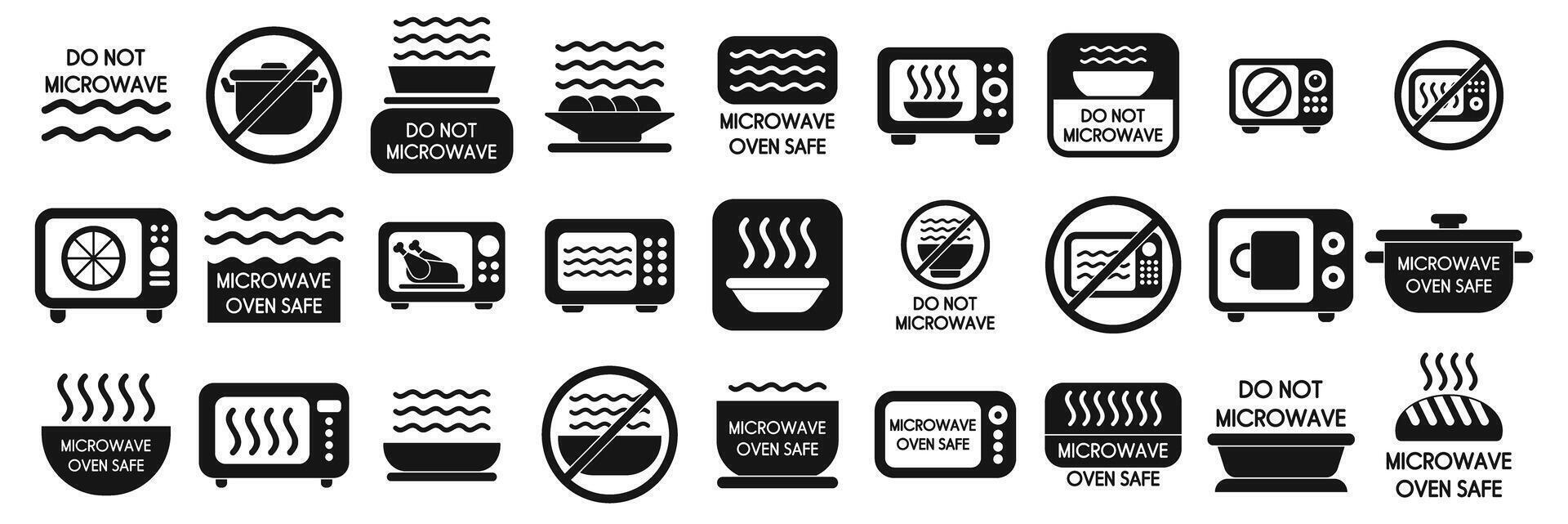 Microwave safe icons set. Microwave oven safe and not safe signs showing heating food and utensils in oven vector