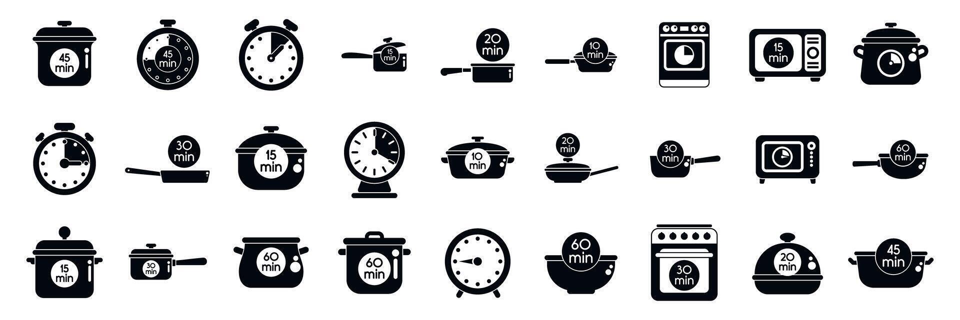 Cook time icons set. Cooking time icons showing food preparation duration with pots, pans, and timers vector