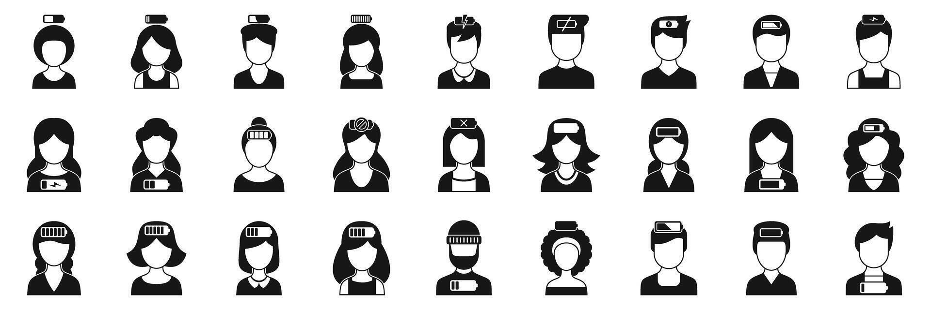 Recharge human icons set. People feeling tired and exhausted with low battery indicator icons vector