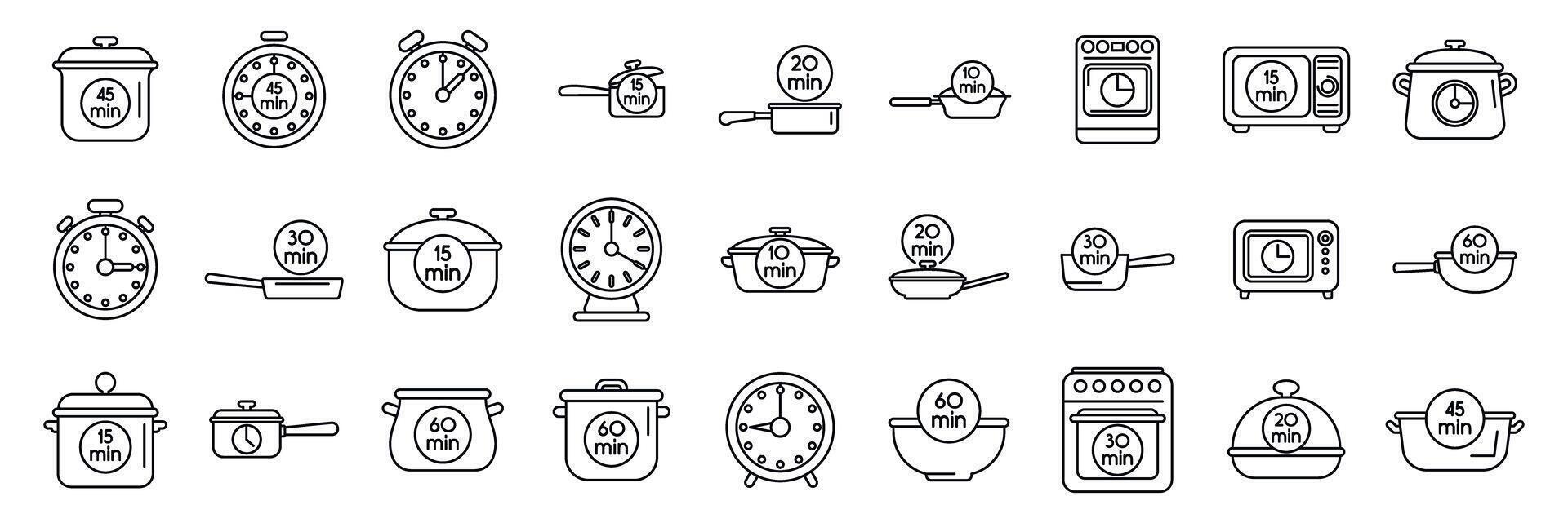 Cook time icons set. Cooking time icons showing various food preparation durations vector