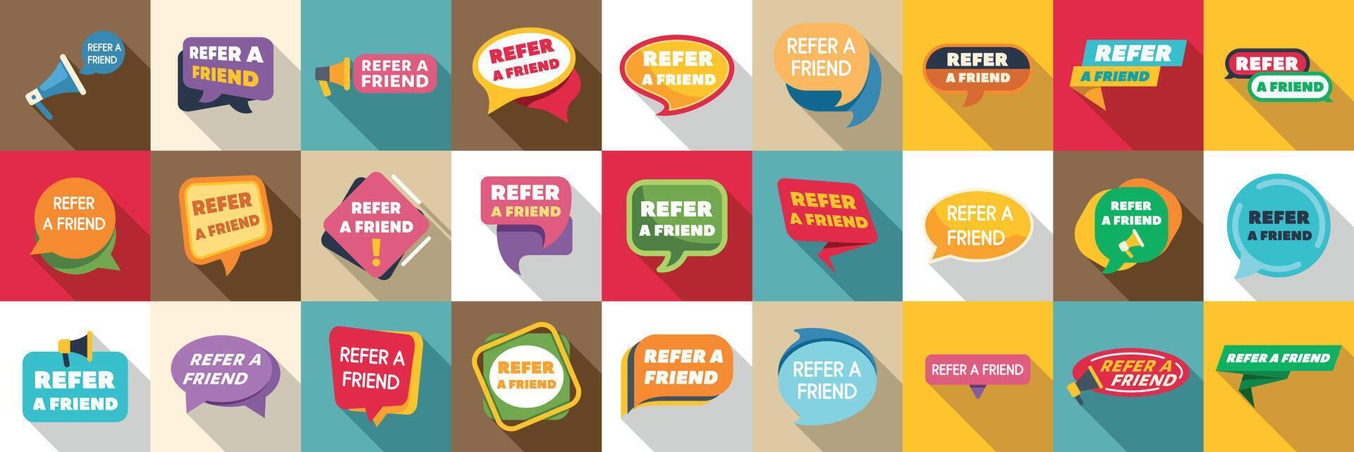Refer friend icons set. Refer a friend announcement with megaphone and speech bubbles vector