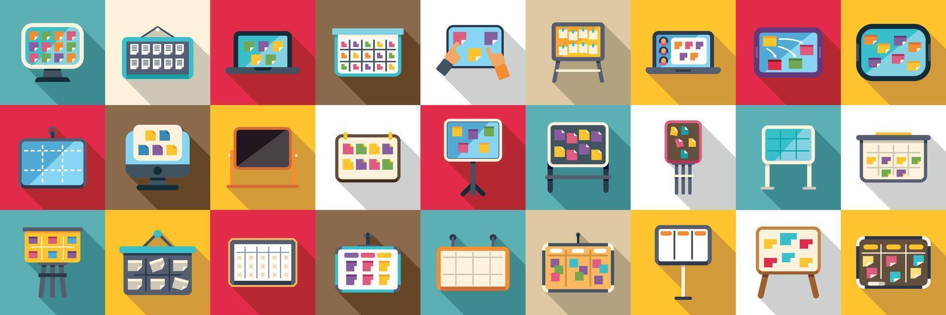 Scrum board icons set. Planning and organizing with kanban boards, visualizing workflow and task management vector