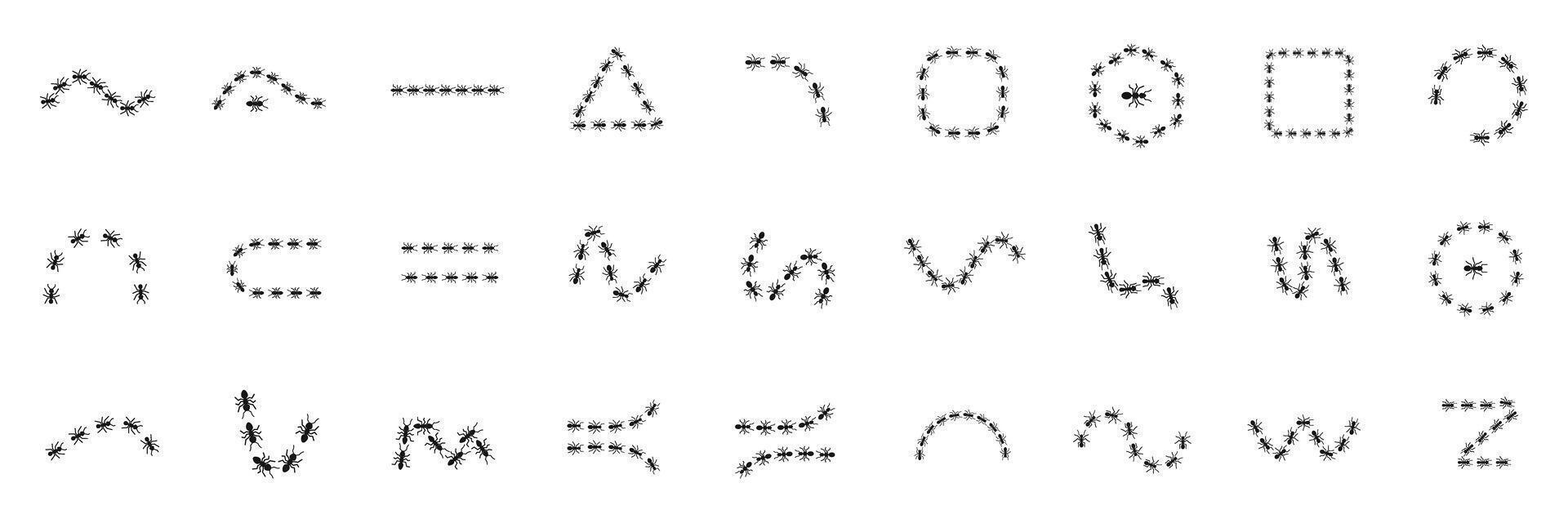 Ant trail icons set. Ants creating different lines, shapes, letters, and symbols vector