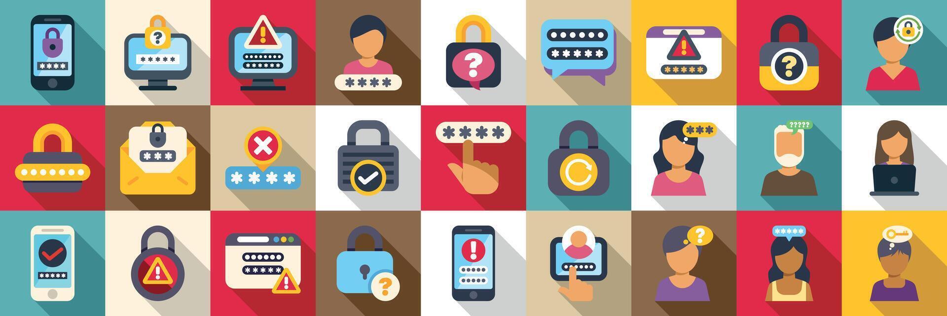Forgot password icons set. Password protection and personal data security icons showing login and account access vector