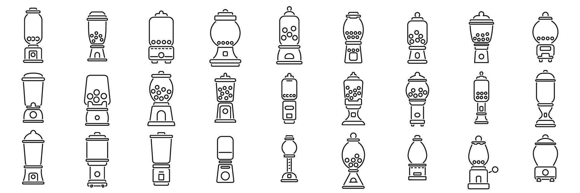Gumball machine icons set. Gumball machines dispensing candy and chewing gum in various styles vector