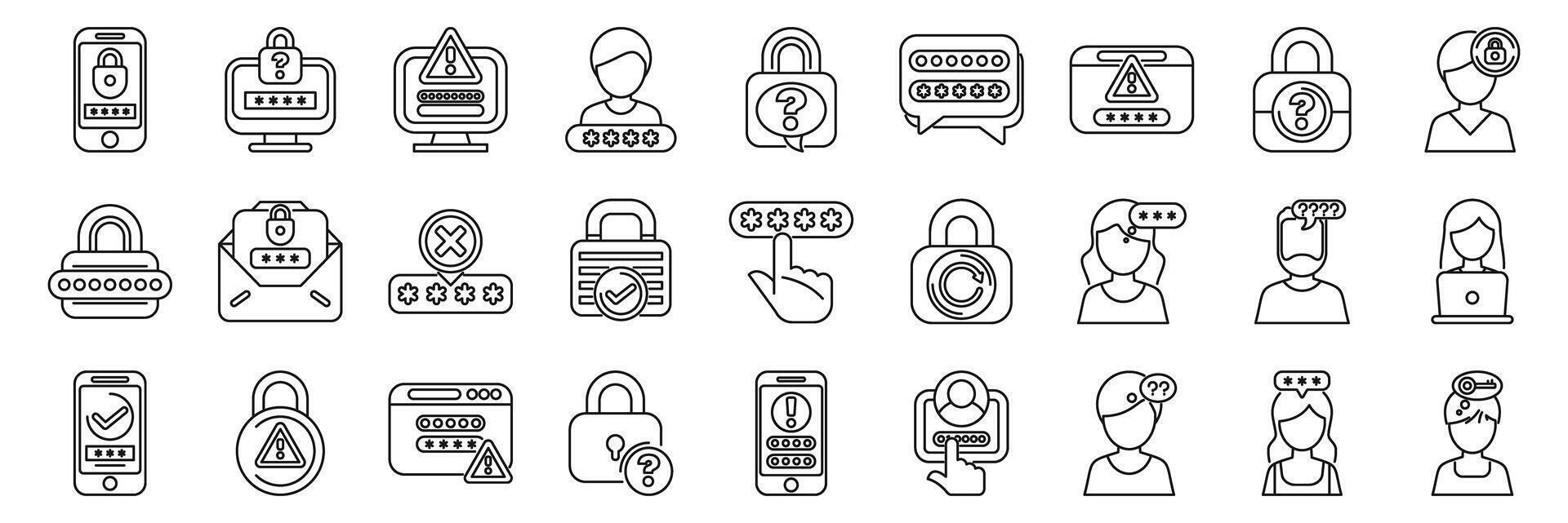 Forgot password icons set. Password protection and personal data security icons featuring padlocks, passwords, users and devices vector