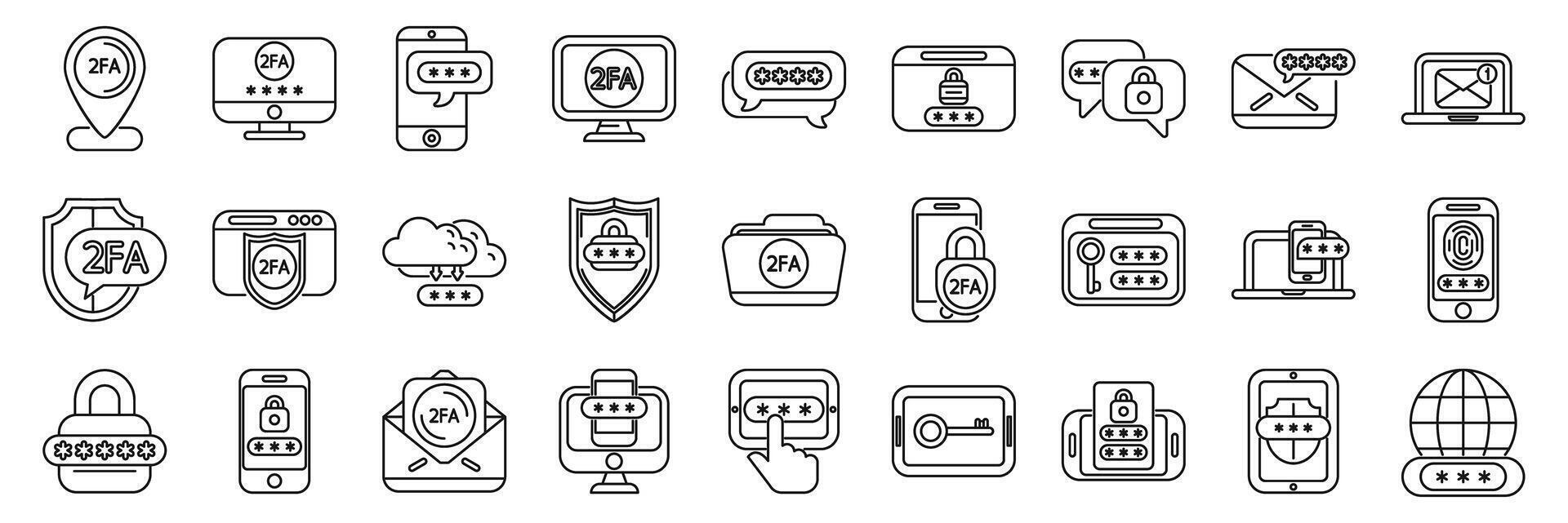 2fa icons set. Two factor authentication icons showing secure login and password protection vector