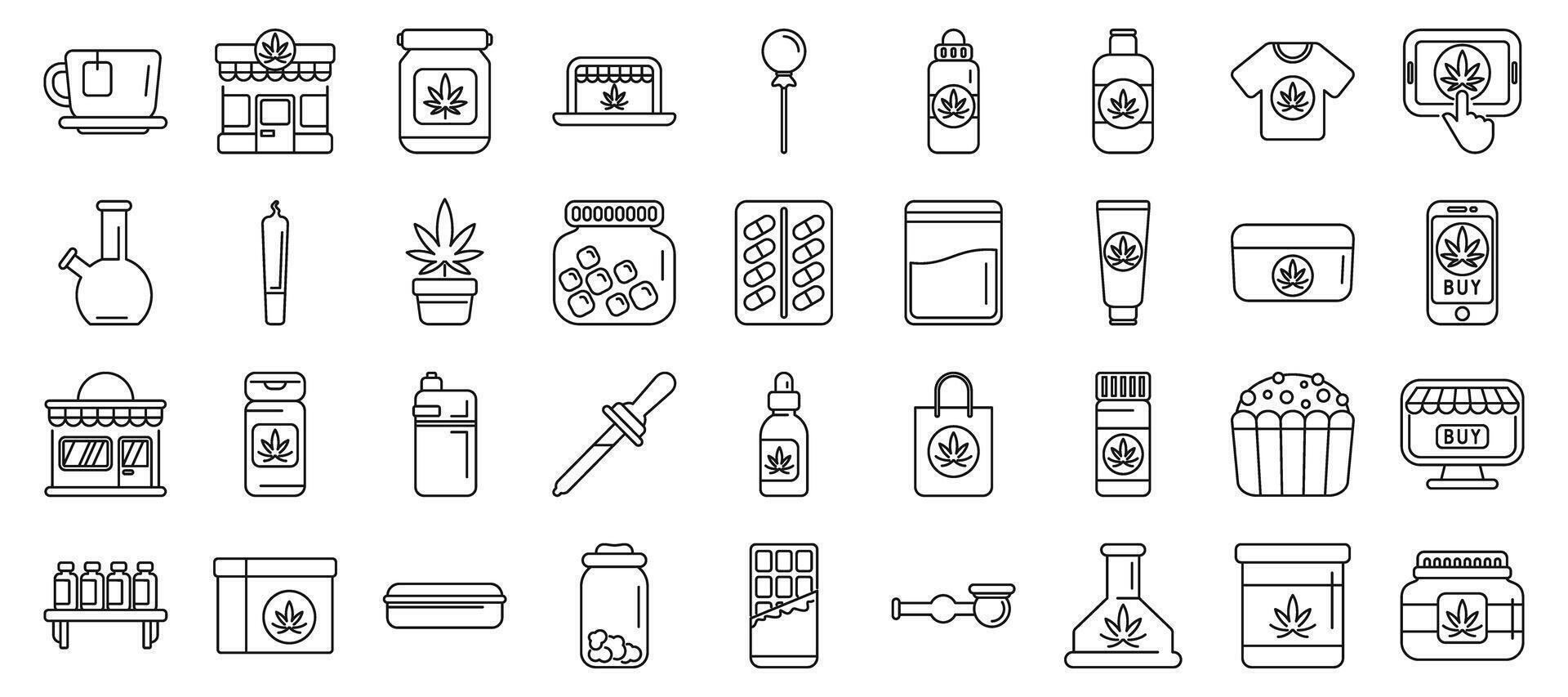 Cannabis store icons set. Cannabis products and consumption showing various forms and methods of marijuana use vector