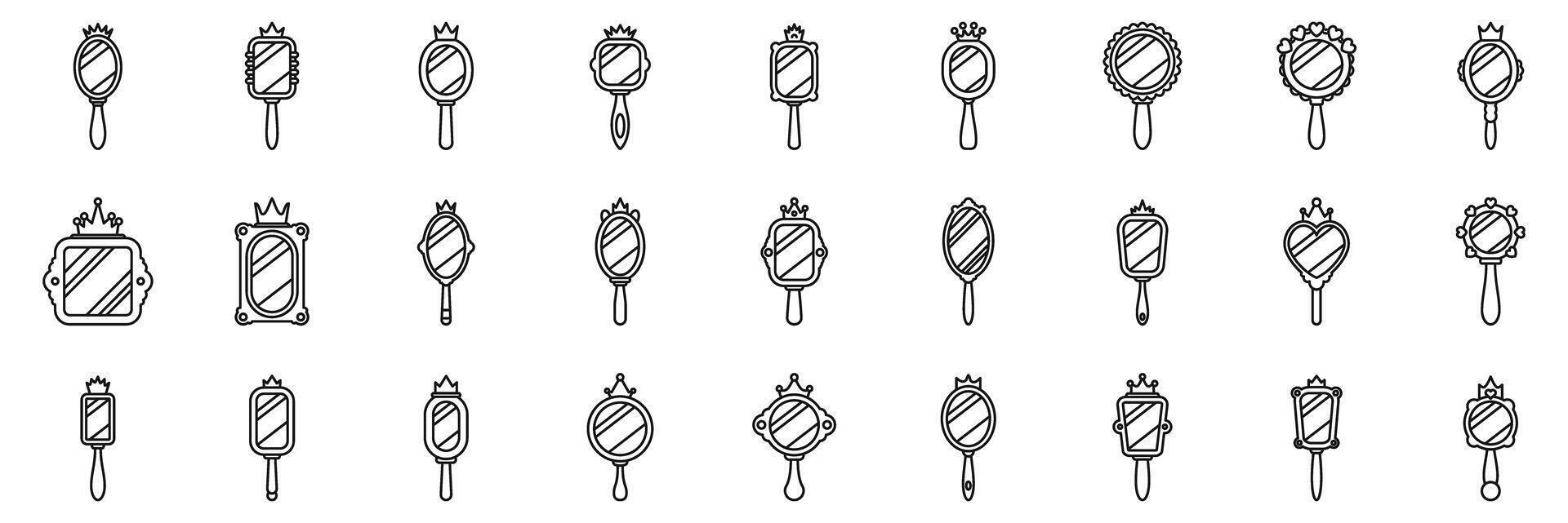 Princess mirror icons set. Hand mirrors with crowns, reflecting elegance and beauty vector