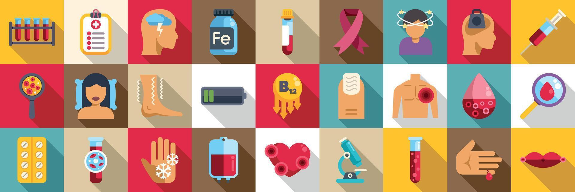 Anemia icons set. Anemia symptoms and treatment representing healthcare and medical research vector