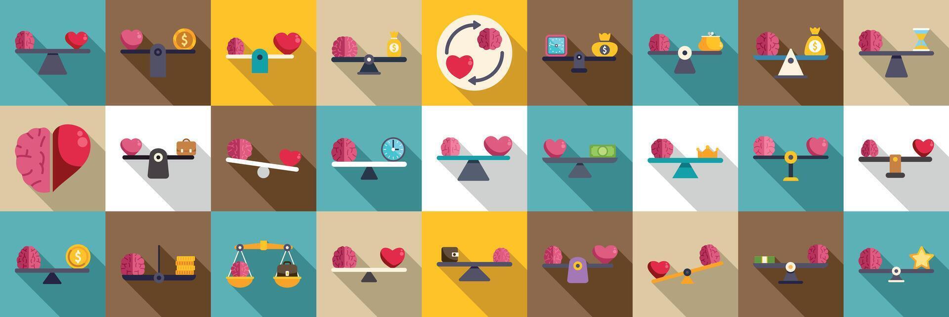 Brain heart balance icons set. Logic versus feelings, balancing heart and mind on scales vector