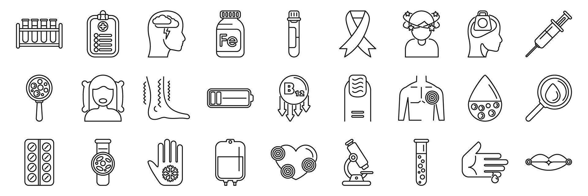 Anemia icons set. Multiple sclerosis symptoms and diagnosis showing medical research and healthcare vector