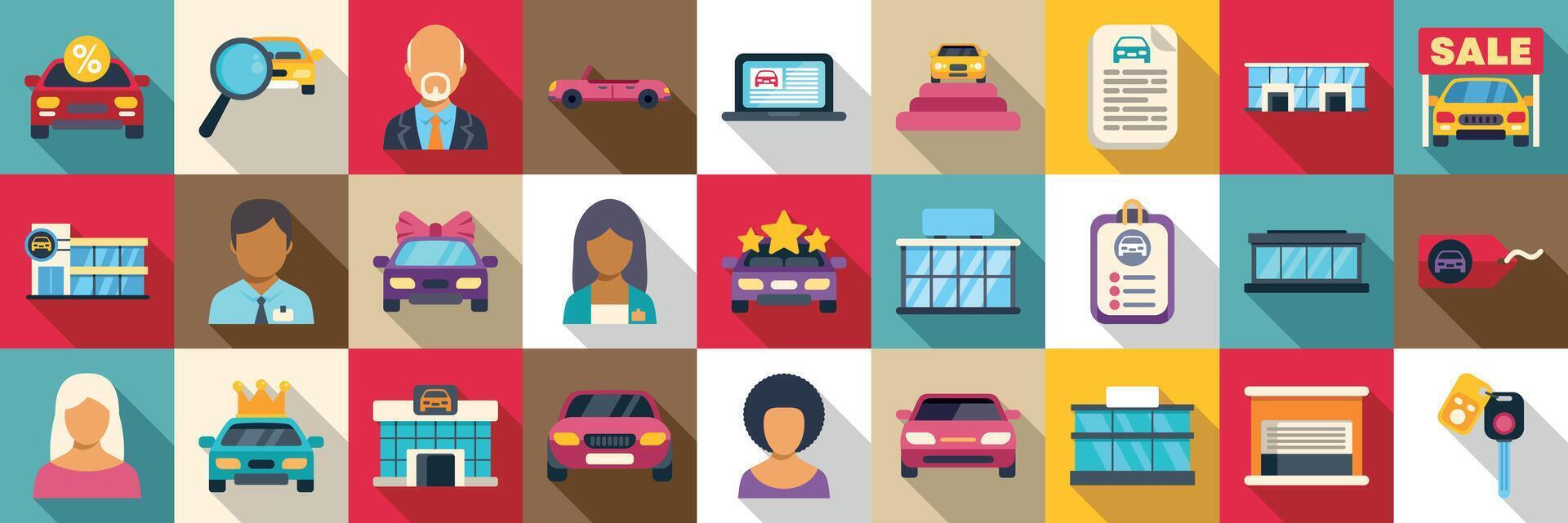 Dealership icons set. Car dealership, auto business and selling vehicles icons set with clients and dealers vector
