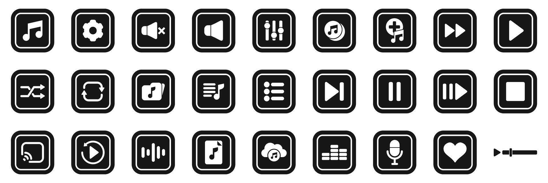 Playback music icons set. Music player interface icons showing settings, volume, playlist, shuffle, repeat, play, pause, stop, record and streaming options vector